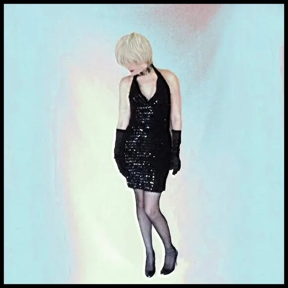 Black Sequin Halter Dress Sexy Micro Mini Bodycon Formal 70s Vintage Disco Era - Picture 5 of 13